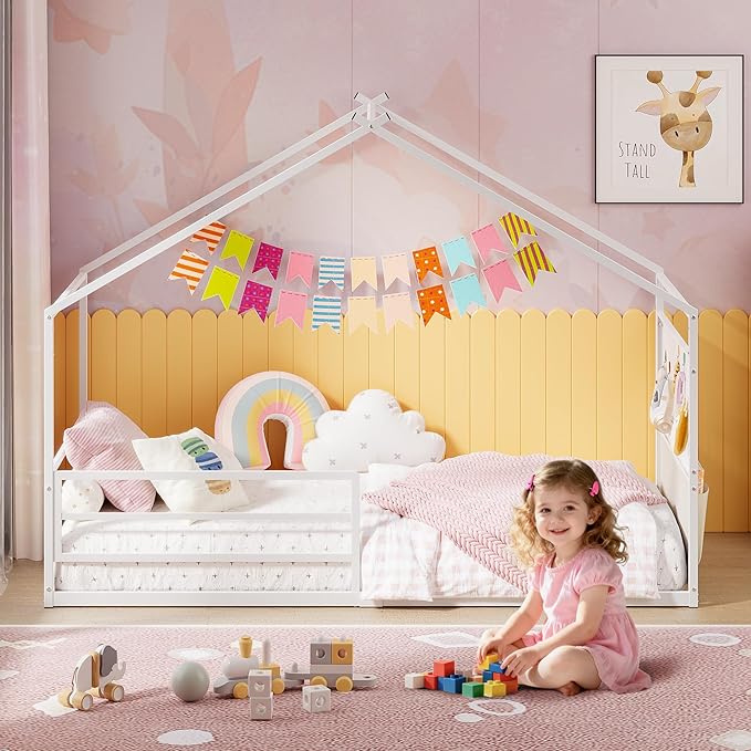 Weehom Twin Montessori House Bed for Kids with Storage Caddy and Pegboard, Floor Bed for Toddlers Boys Girls, No Box Spring Needed White