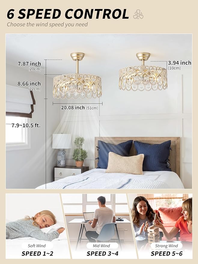 20" Gold Crystal Fandelier Ceiling Fans with Lights, Gold Chandelier Ceiling Fan with Light Remote Control, Mid-Century Modern Caged 6 Speeds for Bedroom, Nursery, Foyer, Living Room