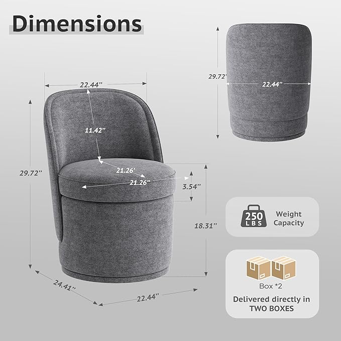 Swivel Accent Chair Set of 2, 360° Swivel Round Chair with Hidden Storage, Modern Small Barrel Armchair for Living Room/Bedroom, Darkgrey
