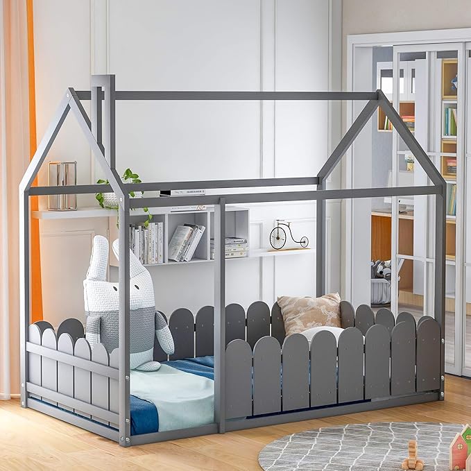 Merax Wooden House Bed with Fence-Shaped Guardrail Montessori Bed Frame for Kids, Toddlers, Girls, Boys (Twin,Gray)