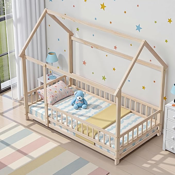 LLS Twin Montessori Bed Frame, Wooden House Bed with Fence and Roof, Floor Bed for Boys Girls Bedroom, Natural