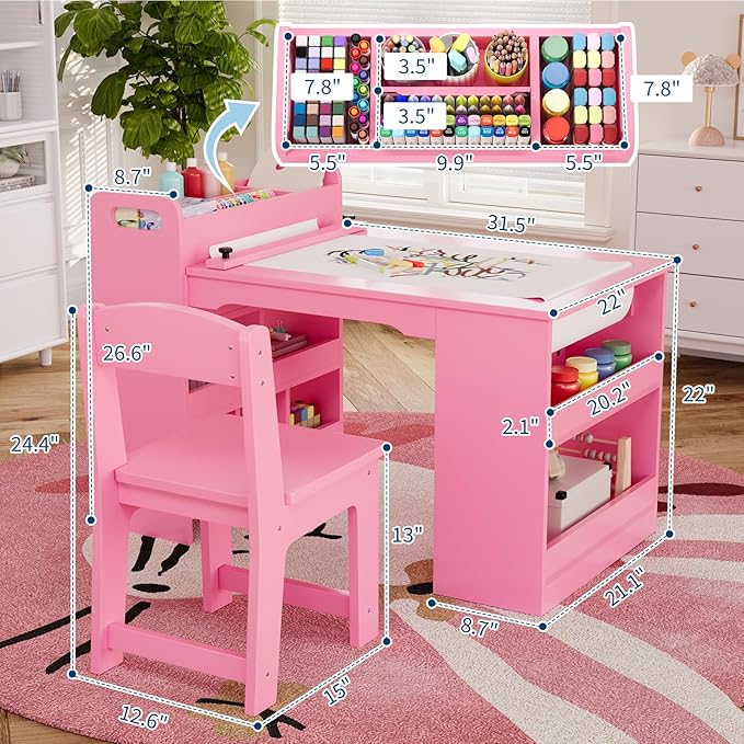 Kids Art Table and 2 Chairs, Craft Table with Large Storage Shelves,Toddler Wooden Drawing Desk Activity & Crafts Children's Wooden Furniture for Classroom Daycares,Home