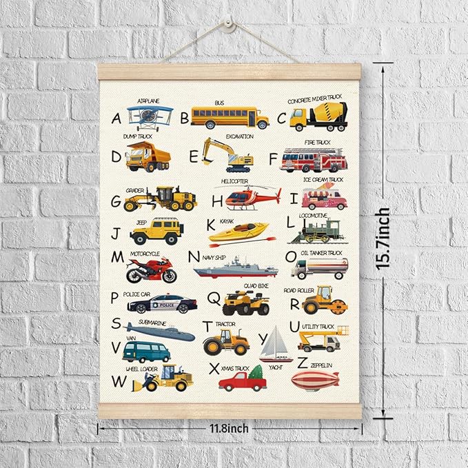 WDSXWH ABC Alphabet Truck Poster Hanger Frame, Transport Alphabet Poster for Toddlers, Construction Room Decor for Boys Kids Room Nursey Classroom Kids Playroom, Nursery Wall Art