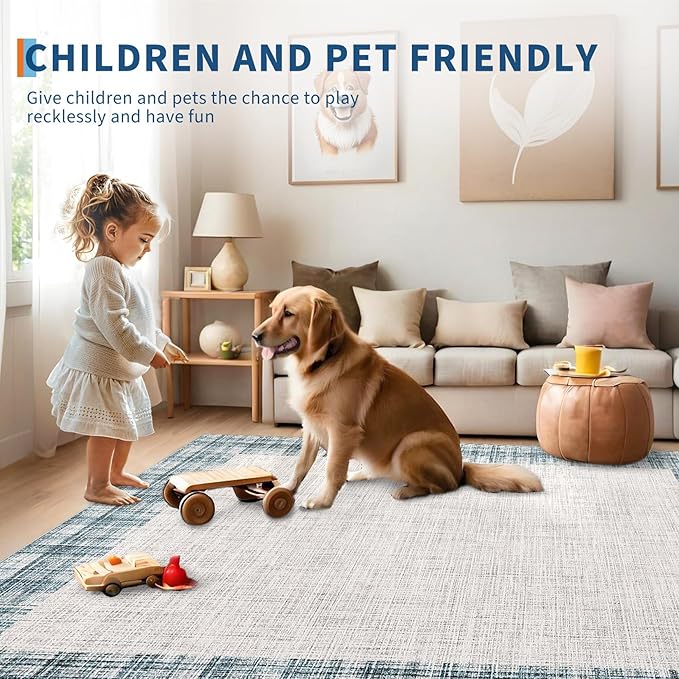 COZYLOOM Washable Area Rug 5x7 Stain Resistant Non-Slip Carpet Vintage Abstract Rug Plush Carpet for Living Room, Bedroom, Family Room, Nursery, Playroom（Blue）