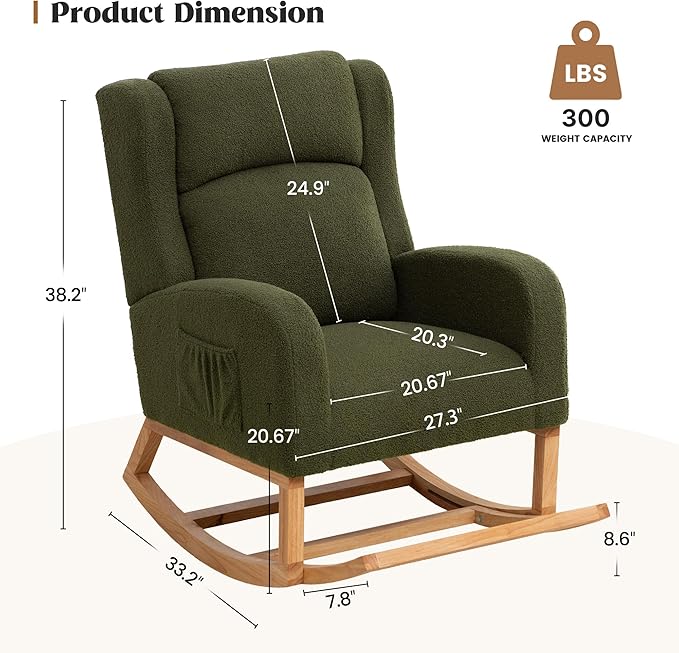 Rocking Chair Nursery, Nursing Rocking Chairs for Mom Nursery, Comfy Teddy Glider Rocking Armchair with Foot Rest for Nursery Living Room Bedroom, Green
