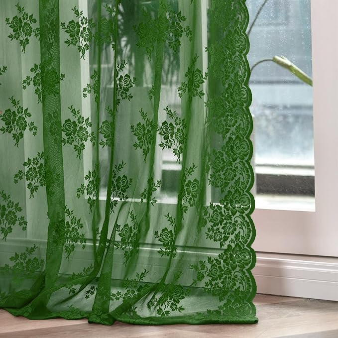 Kotile Dark Green Sheer Curtains 45 Inch Length 2 Panels Set Rustic Floral Froest Hunter Green Short Lace Curtains for Small Windows, Rod Pocket Privacy Sheer Lace Café Curtains, Each 42 x 45 Inch
