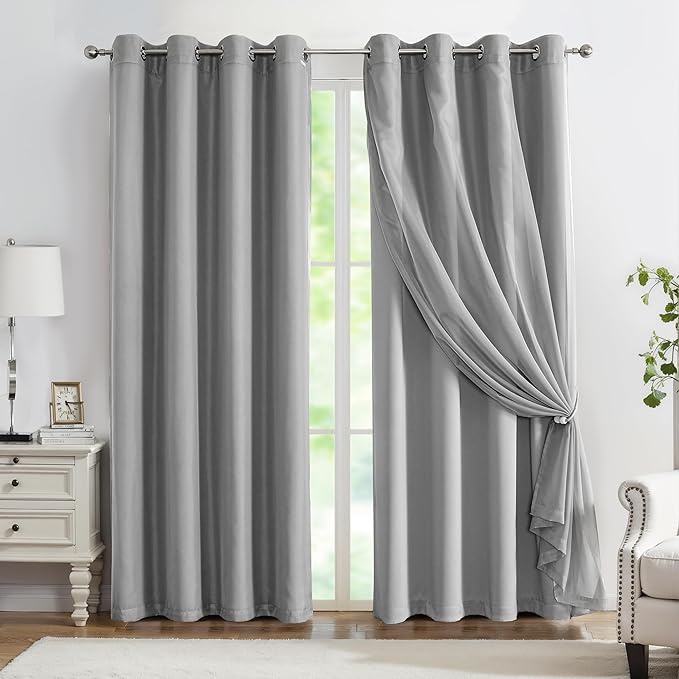 Lotusolution Living Room Mix and Match Blackout Curtains Gray Curtains & Solid White Voile Sheer Curtains Shabby Chic Double Layer Curtains Draperies for Christmas Holiday Bedroom, 52" W x 95" L, Grey