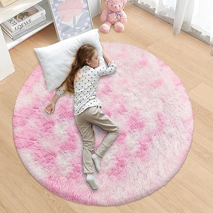 4x4 ft Pink Fluffy Round Rug for Girls Bedroom,Colorful Soft Shaggy Circular Area Rug Kids Cute Fuzzy Carpet Furry for LivingRoom Nursery Dorm Playroom Room Unicorn Decor Reading Nook Mat