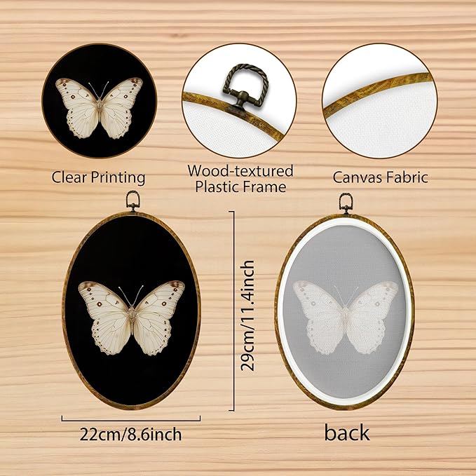Hiuwevt Vintage White Butterfly Oval Wall Art Decor, Retro Antique Moth Framed Canvas Prints, Neutral Moody Insect Oval Wall Hanging Decor for Home Bedroom Gallery Decorations, 8.6x11.4 Inches