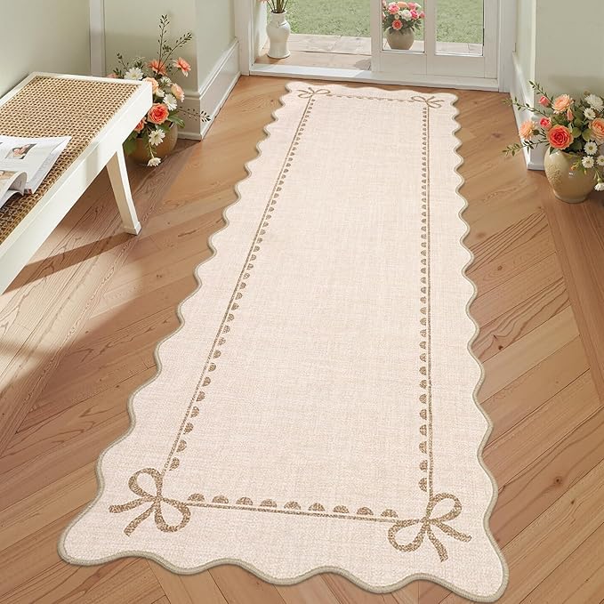 GarveeHome Scalloped Bow Rug for Living Room, Solid Beige Rug for Dorm, Washable Runner Rug 2.5x8 Soft Low Pile Non Slip Scalloped Rugs for Nursery Bedroom Decor Hallway Entryway Playroom