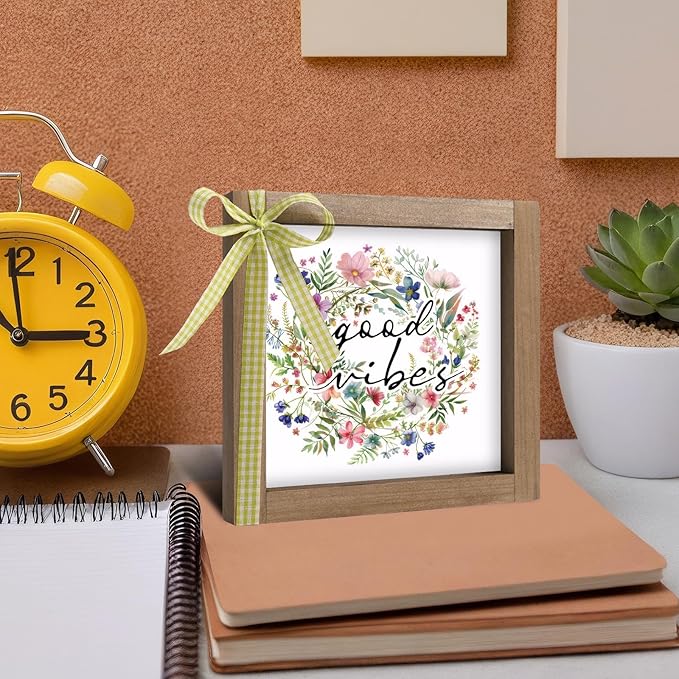 Wooden Good Vibes Sign with Wreath, 6 Inch Positive Inspirational Office Decor for Women Desk, Rustic Farmhouse Indoor Cubicle Table Shelf Dorm Room Flower Wall Art Aesthetic Home Decorations