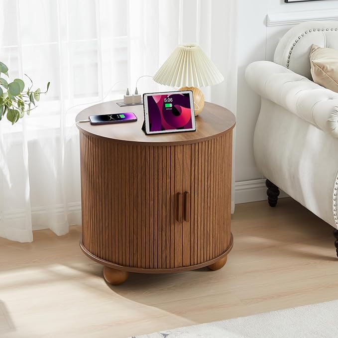 AVZEAR 24" Large Round End Table with Charging Station, Farmhouse Fluted Sofa Side Table with Sliding Tambour Door & Storage, Mid-Century Wood Nightstand for Living Room, Bedroom, Walnut