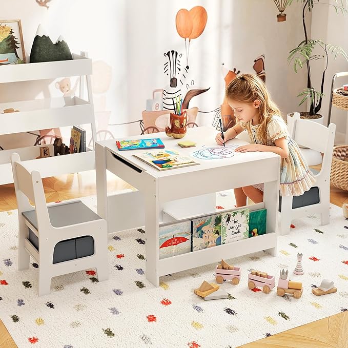 Costzon 4 in 1 Kids Table and Chairs, Wooden Toddler Activity Desk Set w/Reversible Graffiti & Building Blocks Tabletop, Storage Drawers and Bookshelves for Drawing, Reading, Crafts (Gray)