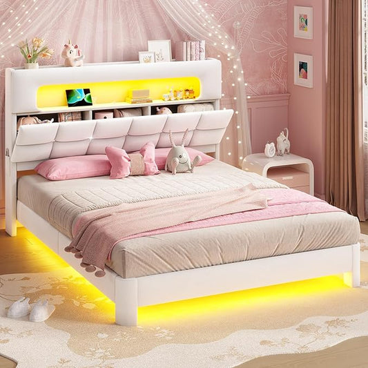 MSmask Queen Upholstered LED Bed Frame with 2-Tier Storage Bookcase Headboard, Velvet Princess Bed with Crystal Button Tufted Headboard & Charging Station, Girls Platform Bed, Curved Legs, White