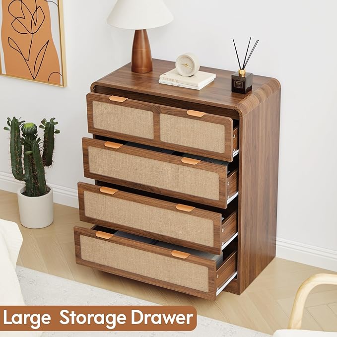 Mid Century Modern Dresser for Bedroom with 4 Drawers, 35" Tall Chest of Drawers with Natural Linen, Curved Wood Dresser Closet Clothes Storage Organizer for Living Room, Hallway((Walnut)