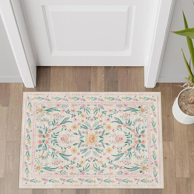 Pink Entryway Rug 2x3, Soft Floral Print Carpet, Low Piles Indoor Rugs, Washable Door Mat