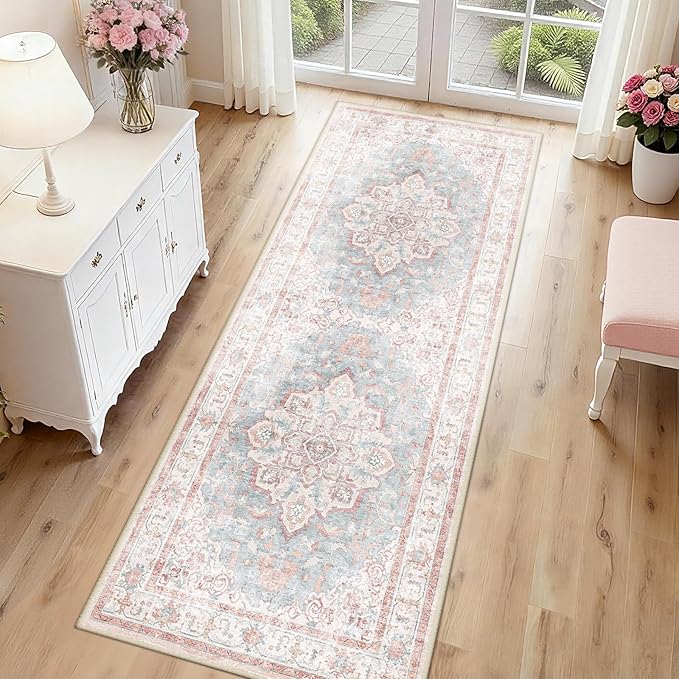 Machine Washable Rugs Nursery Rug 2x6 Cute Girl Non Slip Low Pile Water Repellent Soft Print Pattern for Bedroom Indoor Decor Kids Playroom Pinkblue