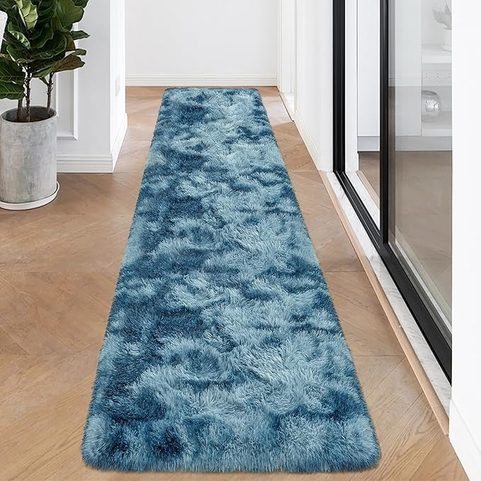 2x8 ft Plush High Pile Blue Tie-Dyed Rug Fluffy Soft Runner Bedside Rug for Bedroom Living Room Hallway Nursery Kids Home Decor Shag Carpet
