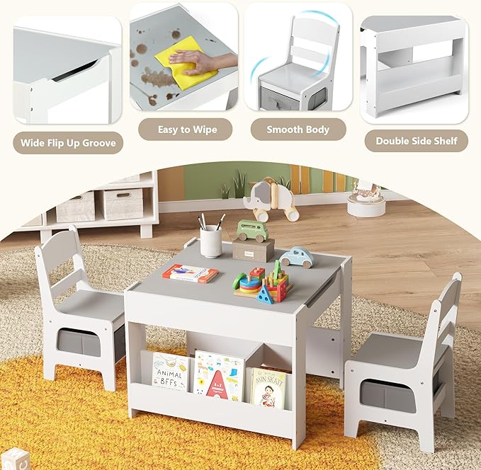 Kinder King Kids Wood Table & 2 Chairs Set, 4 in 1 Children Activity Table w/Double Bookcase, Blackboard, Toddler Furniture Set for Art, Crafts, Drawing, Reading, Playroom, Grey