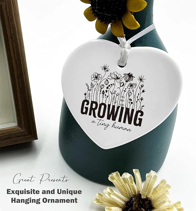 Heart Shaped Christmas Ornament-Baby Announcement Gift-Pregnancy Reveal Keepsake for Expecting Mom-New Mom Present for Baby Coming Soon-Ceramic Ornament Home Decor Growing a Tiny Human