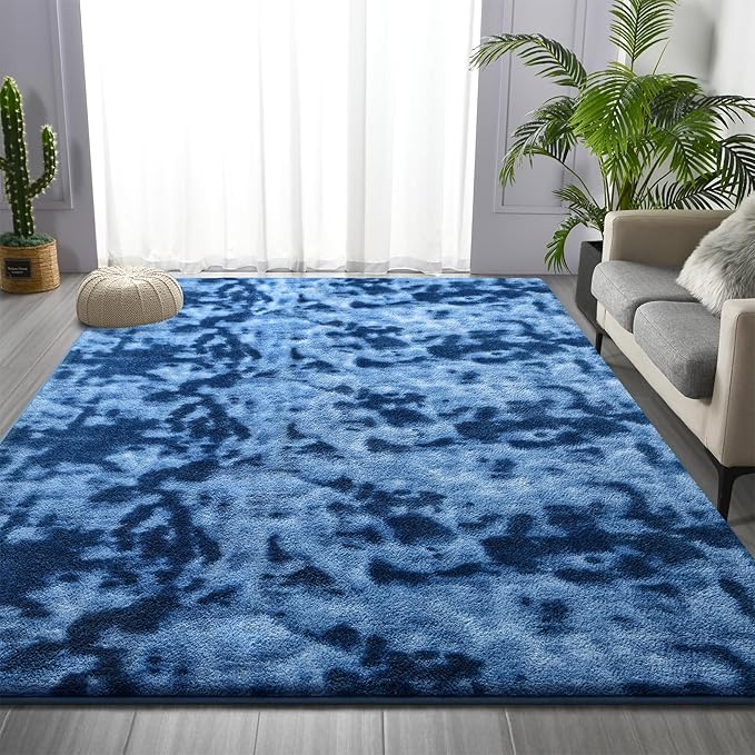 Large Area Rugs for Living Room, 7 x 10 Ft Non-Slip Soft Tie-Dyed Thickened Memory Foam Rug for Bedroom, Comfy Indoor Floor Carpets for Boys Girls Dorm Room Nursery Home Decor, Royal Blue
