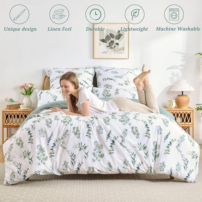 MILDLY Duvet Cover Twin Size - 100% Washed Cotton Sage Green Eucalyptus Reversible Floral Duvet Cover Set 2 Pieces with Zipper Closure Corner Ties
