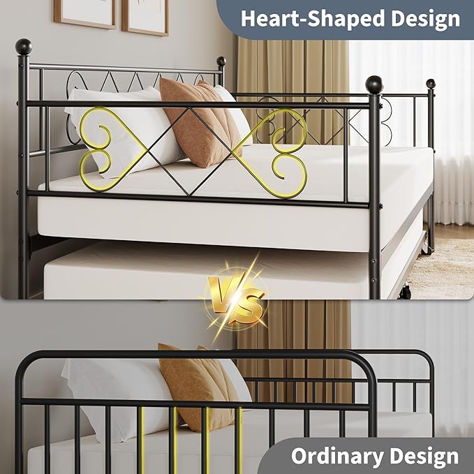 Daybed with Trundle, Trundle Bed Twin with Heart-Shaped Headboard, Sturdy Metal Day Bed with Steel Slat Support, Twin Daybed for Living Room, Bedroom and Guest Room, Easy Assembly, Black