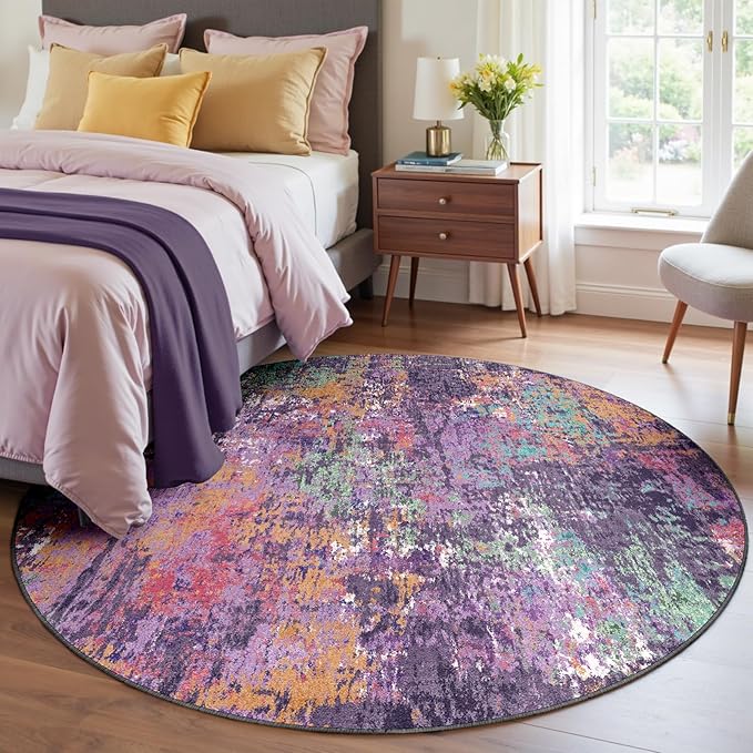 Washable Area Rugs 4ft Non-Slip Modern Abstract Soft for Living Room Entryway Bedroom Nursery, Print Pattern, Purple Orange Blue Green Rust Red Colorful