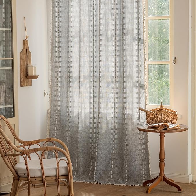 Deeprove Dark Gray Boho Curtain 84 inches Length for Living Room Bedroom Nursery, Bohemian 84 inches Long Art Deco Stripe Sheer Cotton Linen Charocoal Grey Emroidery with Tassel, W52xL84, 1 Panel