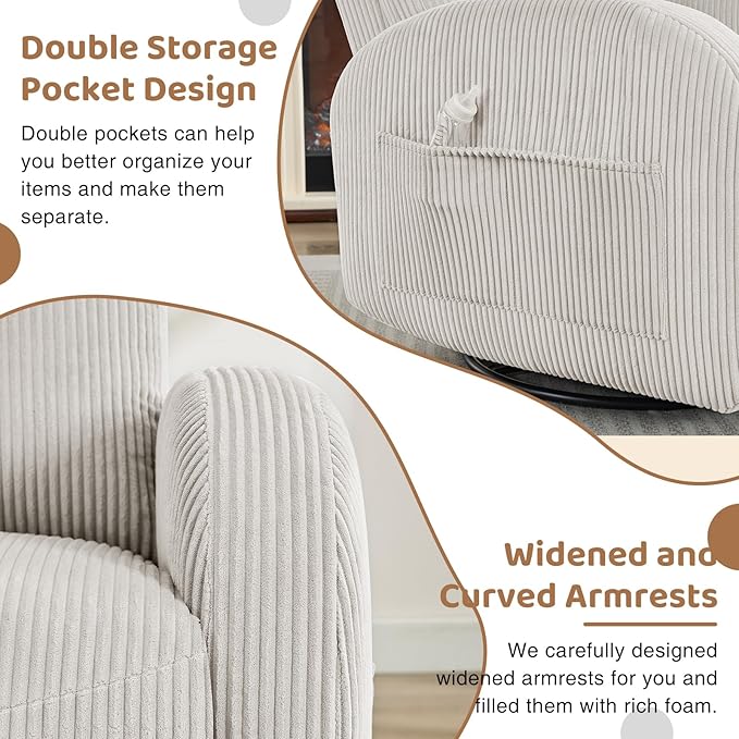 Swivel Recliner Rocker Nursery, Nursering Glider Recliner, Manual Swivel Rocking Reclining with Double Pockets for Living Room,Corduroy Camel