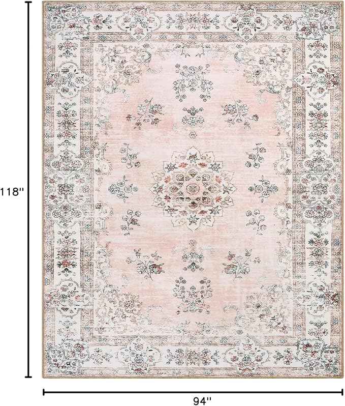 Lahome Washable 8x10 Living Room Rug, Soft Pink Floral Area Rugs for Girl Bedroom Dinning Room Office, Non-Slip Stain Resistant Lightweight Foldable Carpet for Fall Winter Home Decor