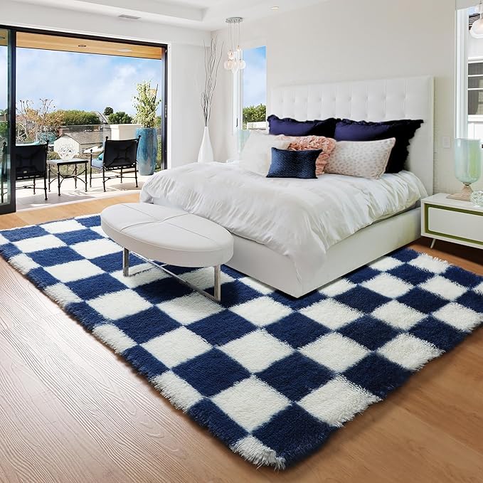 KICMOR Rugs for Living Room, Soft Fluffy Checkered Shag 5x8 Area Rug Large Big Fuzzy Shaggy Bedroom Plush Carpet, Navy Blue and Cream White Rug for Kids Boys Girls Dorm Nursery Home Decor Aesthetic