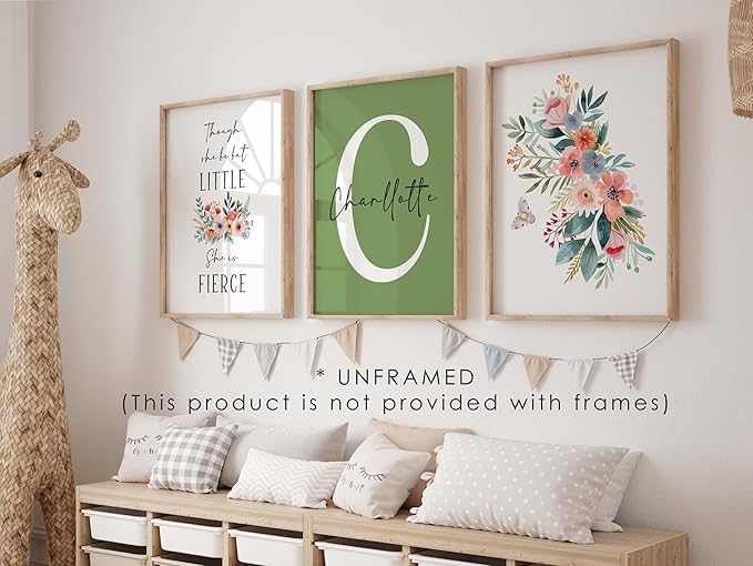 Personalized Flower Woodland Animals for Baby Girl Nursery Bedroom Unframed Poster Prints, Customized Name Cute Animals Wall Art Decor New Baby Girl Gift Present Bear Deer Bunny (11x14, 3 Prints)