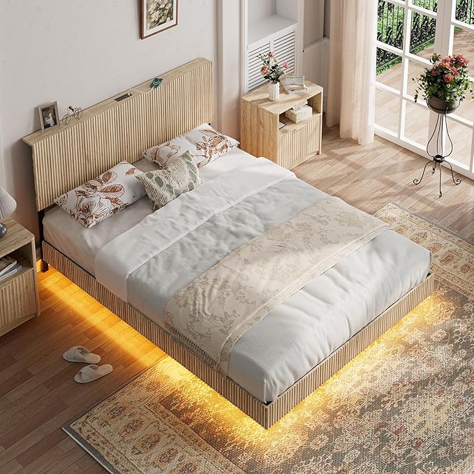 Evermagin Natural Queen Floating Bed Frame with Headboard, Boho Fluted Platform Bed with LED Lights, Heavy Duty Floating Bedframe with Charging Station, No Box Spring Needed