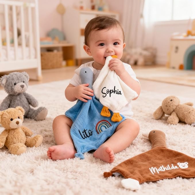 Personalization Baby Lovey Blanket,Organic Cotton Muslin Security Blanket with Cute Goose Design | Hypoallergenic Newborn Gift for Christening, Baby Shower & Nursery Essentials
