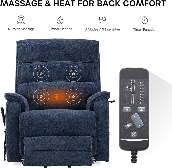 DYNOX 400 LBS Big Tall Man Large-Wide Power Dual Motor Lift Recliners Chairs for Elderly, Lay Flat Lift Chair with Infinite Positions, Heat & Massage, Extended Footrest (9298L,Chenille,Blue)