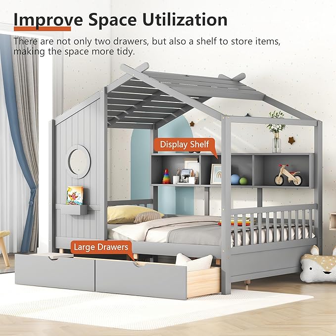 Full Size Bed Frames for Kids, House Bed with Window and Fence, Wood Platform Bed Frame with Drawers and Shelves, Playhouse Bed for Boys Girls, Gray, 78" L x 58" W x 72" H