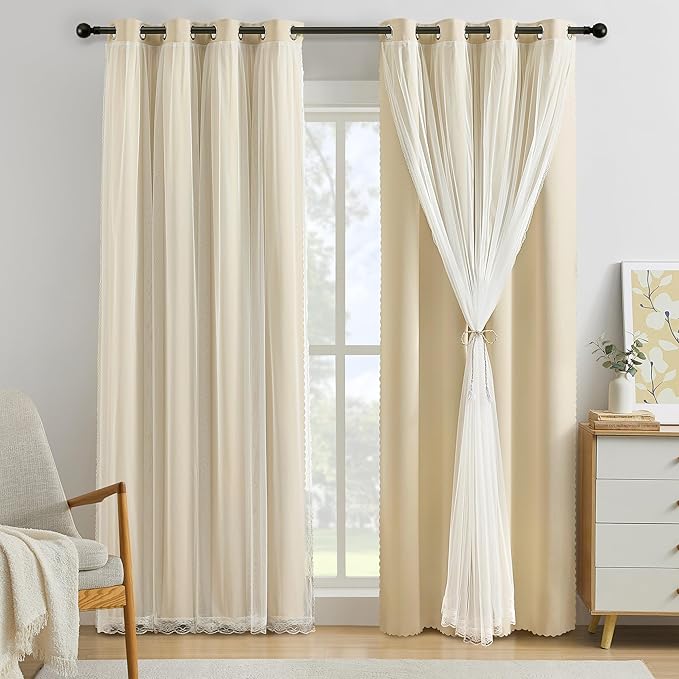 XiDi 100% Blackout Curtains with Sheer Overlay 84 Inches Long 2 Panels for Girls Bedroom Living Room Thermal Insulated Room Darkening Double Layer Beige Curtains with Lace Hem Grommet Top W34 x L84