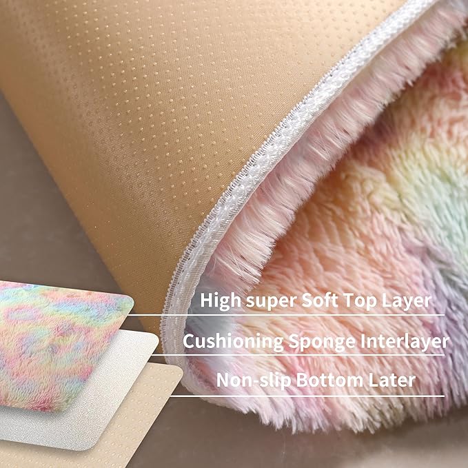 Fluffy 4x6 Area Rugs for Girls Bedoom, Rainbow Soft Washable Shag Carpet for Kids Room, Nursery, Dorm Decor, Colorful Cute Plush Fuzzy Rugs for Baby Toddler