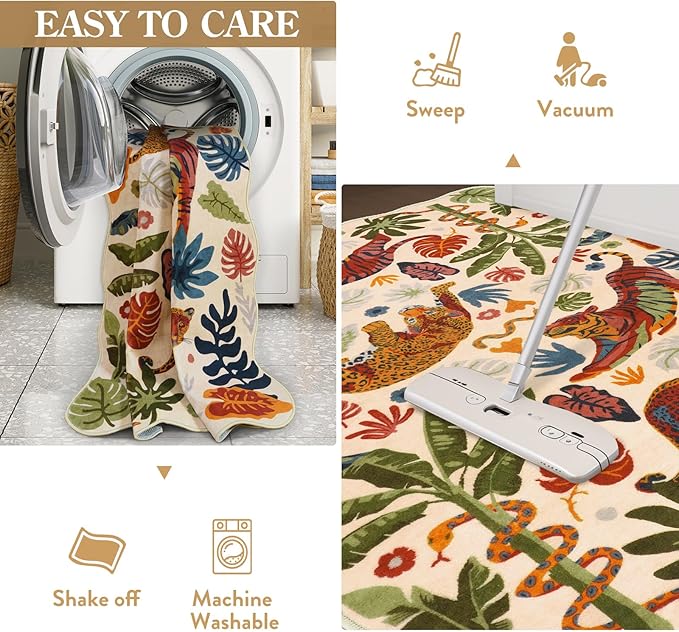 LEEVAN 5x7 Animal Area Rugs Washable Beige Tiger Living Room Rugs Non Slip Scalloped Tiger Bedroom Rug Low Pile Leopard Nursery Floor Carpet Jungle Leaf Print Kids Rug