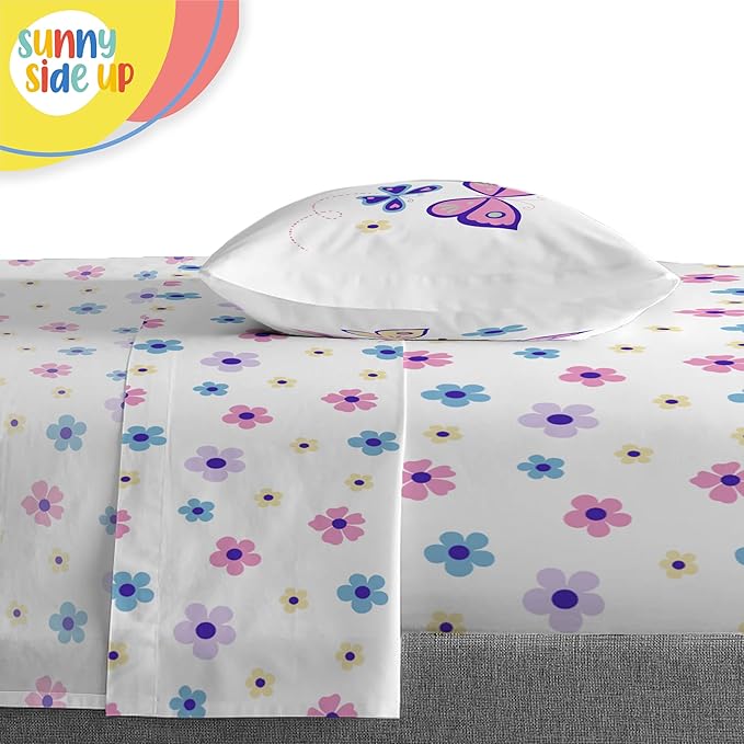 Sunny Side Up Butterfly Twin Comforter Set - 5 Piece Kids Bedding Includes Comforter, Sheets & Pillow Cover - Super Soft Purple Floral Microfiber Bed Set