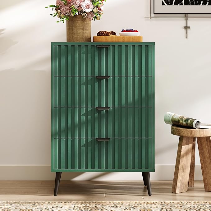 Fluted Dresser for Bedroom with 4 Drawers, 24'' Wide Modern Dresser with Metal Handle, Wood Dressers Organizer with Blister Drawers for Bedroom, Green