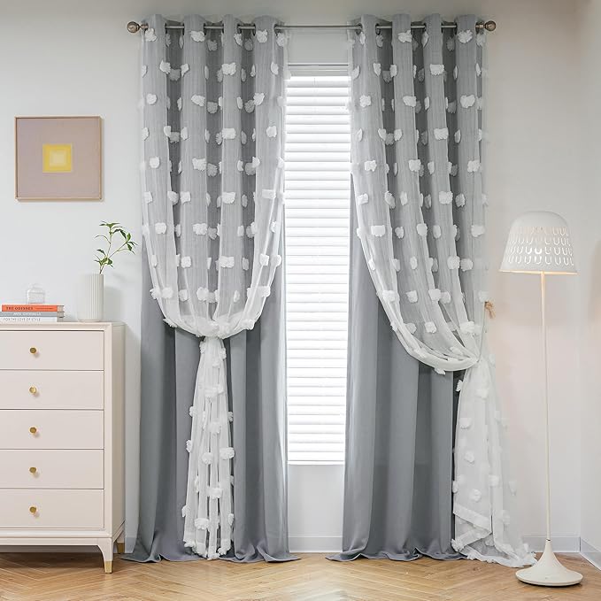 MYSKY HOME Living Room Curtains, 84 Inch Long Grey Blackout Curtains with Pom Pom Trim, Double Layer Sheer Drapes for Kids Room, W52 x L84