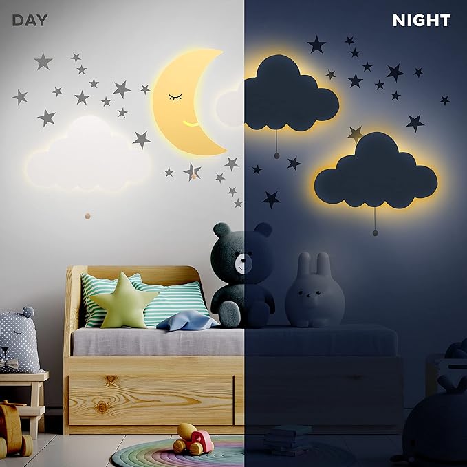 Lumipets Moon Wall Light - Nursery Decor, Baby Room Decoration, Wall Mounted, Battery Operated, Lightweight Hanging Crescent Night Light for Babies, Toddlers, Kids - 17.7 x 11.2 x 1.5-in