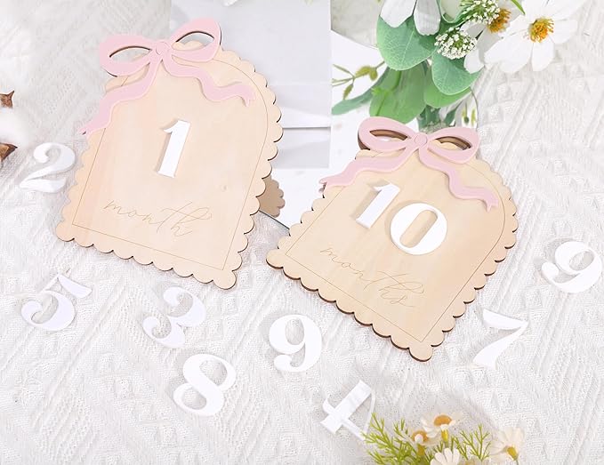 2 Pcs Baby Monthly Milestone Cards - Wooden Photo Props for Newborn, First Year Keepsake (0-12 Months) - New Mom Present, Boy Girl Announcement Sign (Pink Bow)