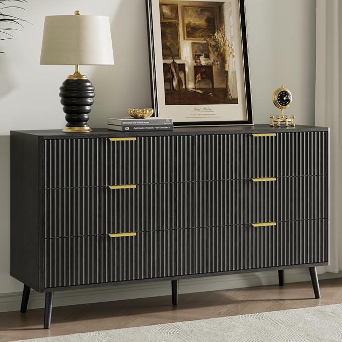 LYNSOM 55" Wide Fluted Dresser for Bedroom with 7 Drawer, Modern Chest of Drawers with Curved Profile Design and Metal Handles, Wood Dresser TV Stand & Storage Organizer for Living Room, Black