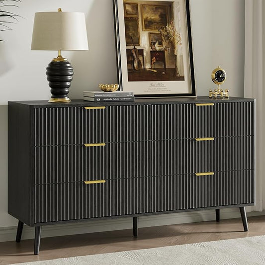 LYNSOM 55" Wide Fluted Dresser for Bedroom with 7 Drawer, Modern Chest of Drawers with Curved Profile Design and Metal Handles, Wood Dresser TV Stand & Storage Organizer for Living Room, Black