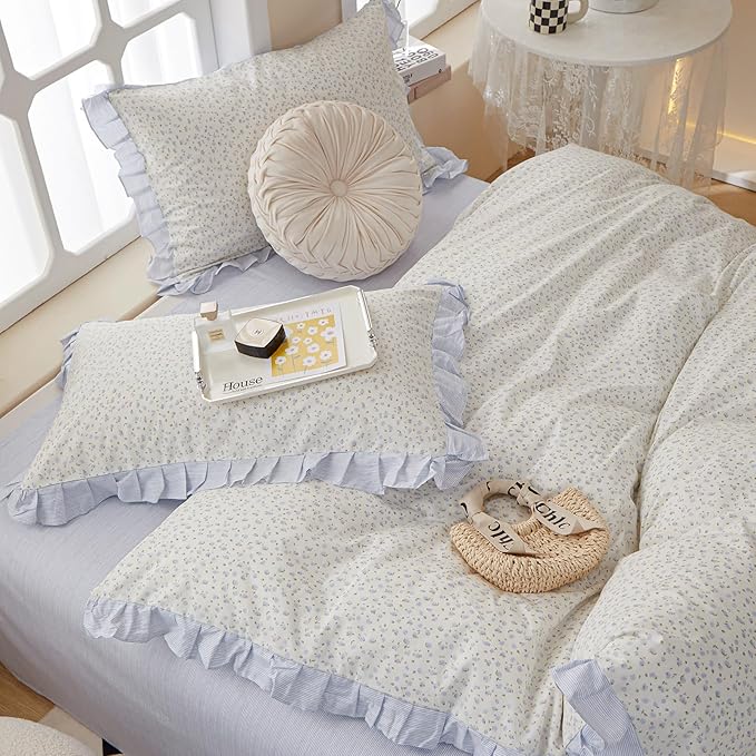 Ruffle Floral Duvet Cover Full Chic Vintage Blue Flower Duvet Cover Girls Romantic Lace Comforter Cover Cotton Floral Botanical Bedding Cover Cottagecore Flower Comforter Cover with 2 Pillowcases