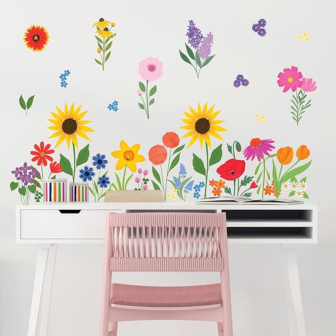 Wildflower Wall Decals - Set of 33 Vinyl Flower Room Decor Peel and Stick Removable Floral Stickers for Nursery Bedroom Bathroom
