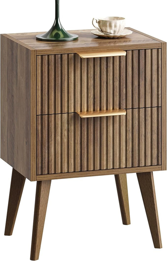 Nightstand with 2 Drawers,Mid Century Modern Bedside Table with Handles,Fluted Side Table with Solid Wood Legs,Walnut Brown End Table for Living Room,Bedroom,Caramel Oak CTG55BR
